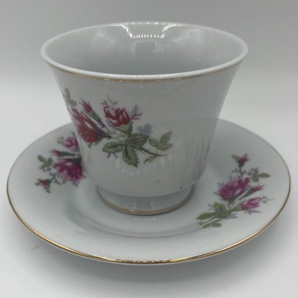 Crescent Fine China Pink Rosebud Teacup & Saucer with Gold Rim - Picture 2 of 4